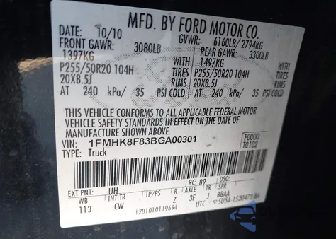 2011 Ford Explorer Limited from USA, damaged, VIN 1FMHK8F83BGA00301